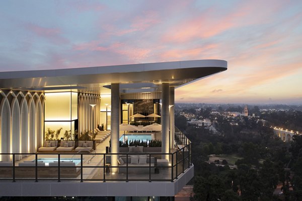 Cityscape view from high-rise balcony at 525 Olive Apartments, a luxury Greystar property in downtown San Diego