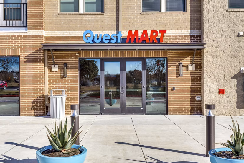 Quest Apartments: Serene neighborhood with tree-lined streets and modern architecture, located in a desirable area for luxury living
