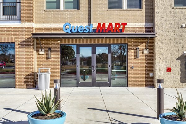 Quest Apartments: Serene neighborhood with tree-lined streets and modern architecture, located in a desirable area for luxury living