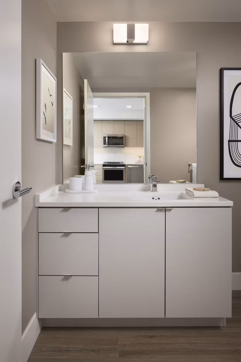 Bathroom featuring sleek fixtures and modern design in Diega Apartments, luxury living spaces in downtown San Diego