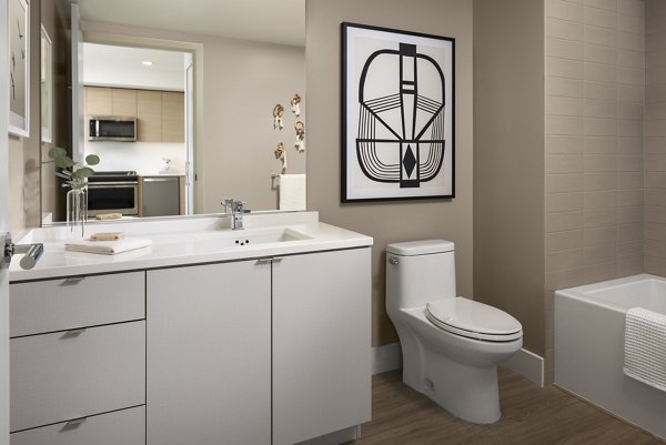 Bathroom with modern fixtures and sleek design at Diega Apartments, Greystar luxury apartments in San Diego