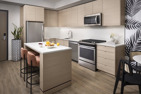 Modern kitchen featuring sleek countertops and stainless steel appliances in Diega Apartments