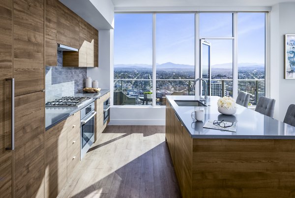 Modern kitchen with stainless steel appliances at Diega Apartments, a Greystar luxury property in vibrant San Diego