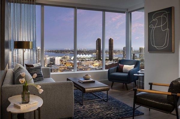Spacious living room with modern decor and stylish furniture at Diega Apartments in San Diego Perfect for luxury living