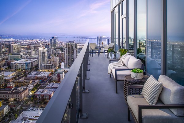 Spacious balcony with city view at Diega Apartments in San Diego