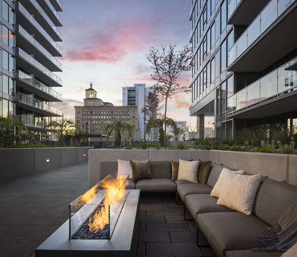 Cozy outdoor fire pit area at Diega Apartments, a luxury Greystar community in a vibrant urban setting