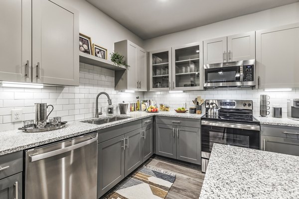 Modern kitchen with stainless steel appliances and granite countertops in Arista Riverstone Apartments