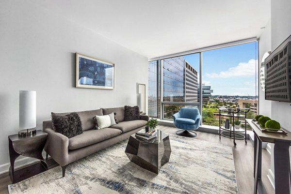 Cozy living room with modern decor in Atlantic Station West Apartments