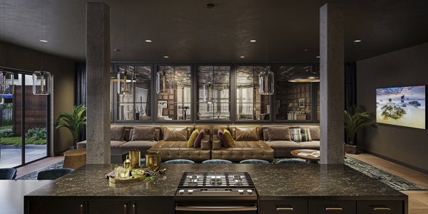 Clubhouse with modern design elements at The Walcott Hackensack Apartments featuring cozy seating and stylish decor