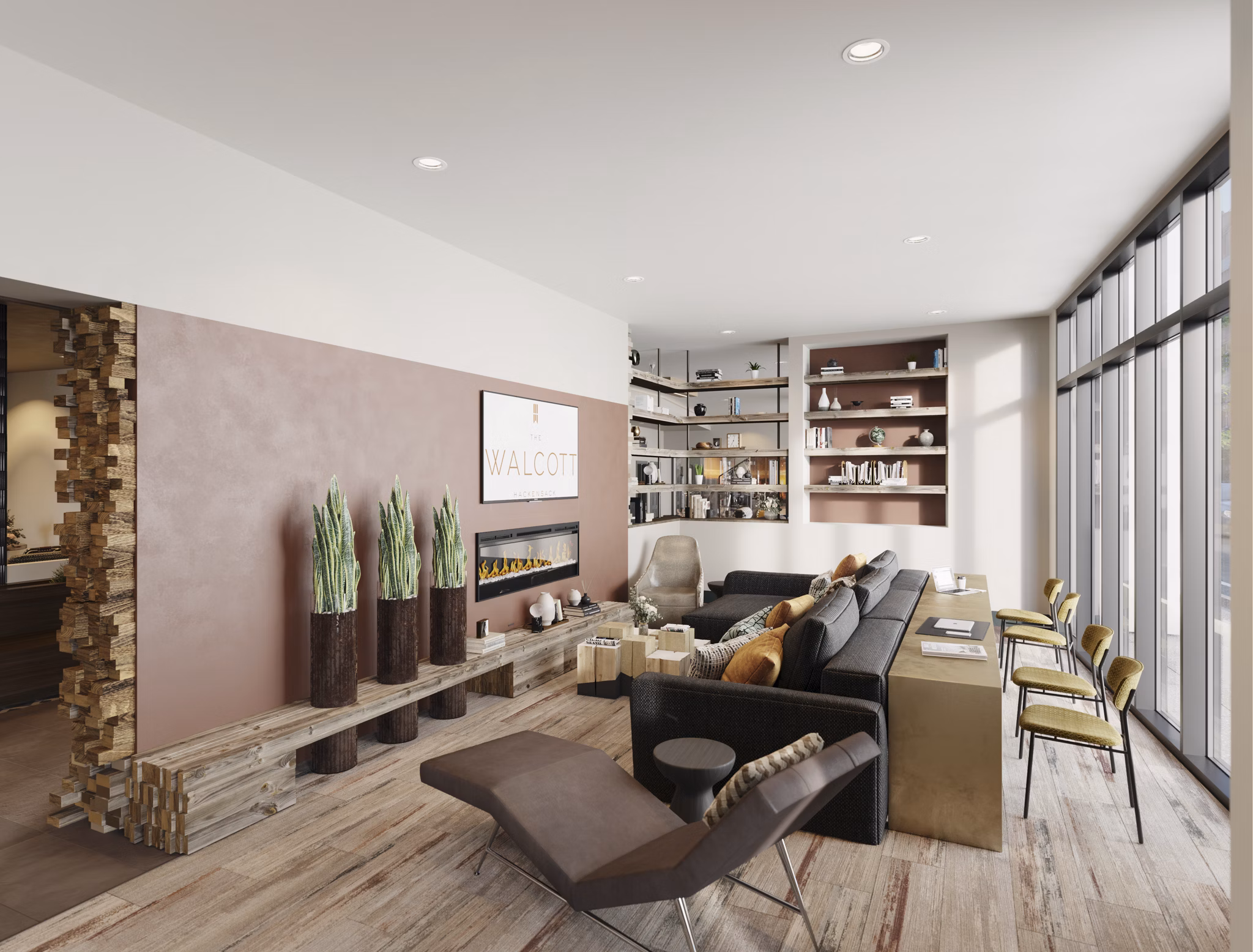 Clubhouse featuring modern design and ample seating at The Walcott Hackensack Apartments