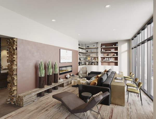 Clubhouse featuring modern design and ample seating at The Walcott Hackensack Apartments