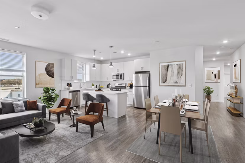 Spacious living room with modern furnishings at The Walcott Hackensack Apartments