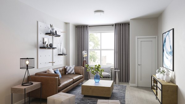 Spacious living room with modern furnishings at The Walcott Hackensack Apartments