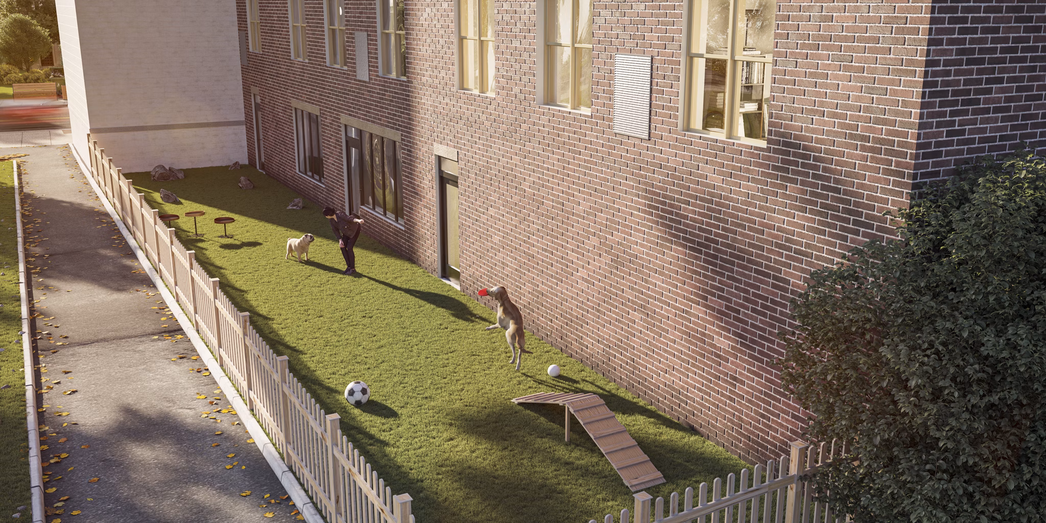 Dog-friendly play area at The Walcott Hackensack Apartments featuring agility equipment and green space