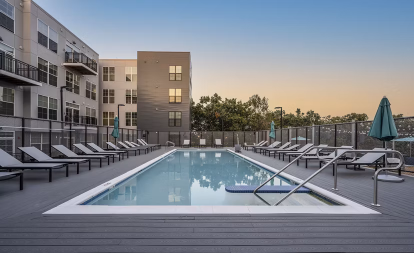 Relaxing rooftop pool with city views at Bancroft Lofts luxury apartments