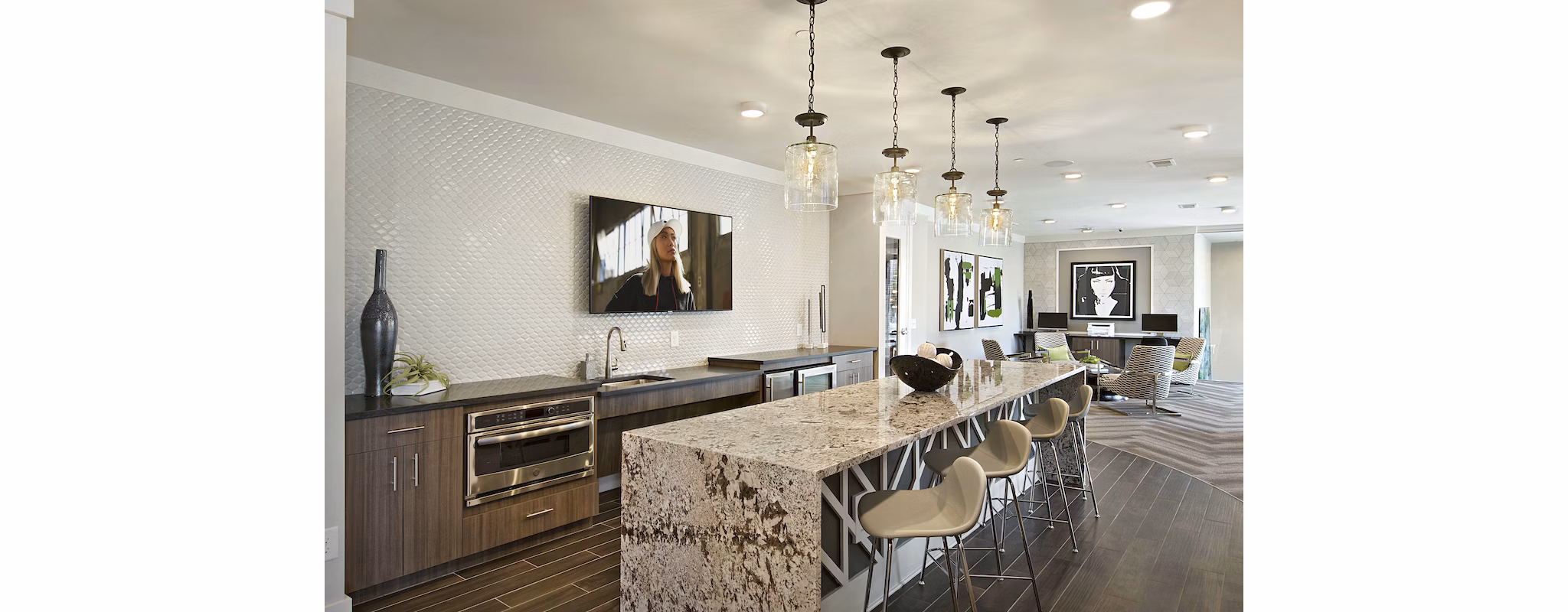 Clubhouse at Newbergh ATL Apartments: Modern lounge with gaming tables and cozy seating in luxury community