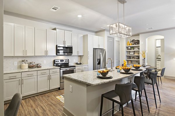 Modern kitchen featuring stainless steel appliances and granite countertops at Newbergh ATL Apartments