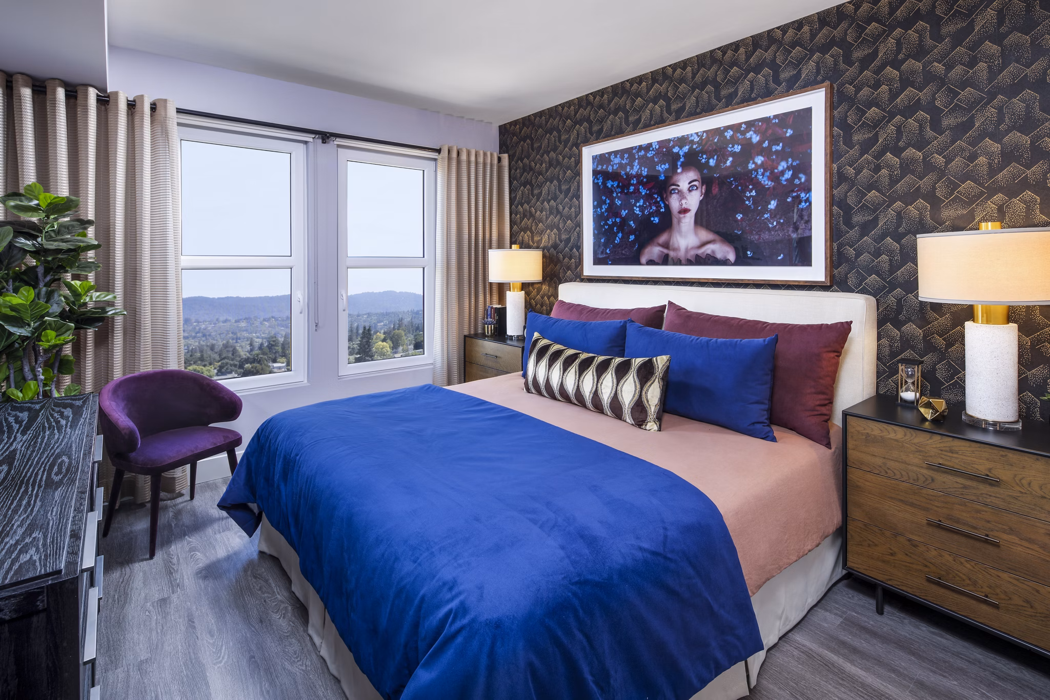 Elegant bedroom featuring modern decor and plush bedding at Highwater Apartments