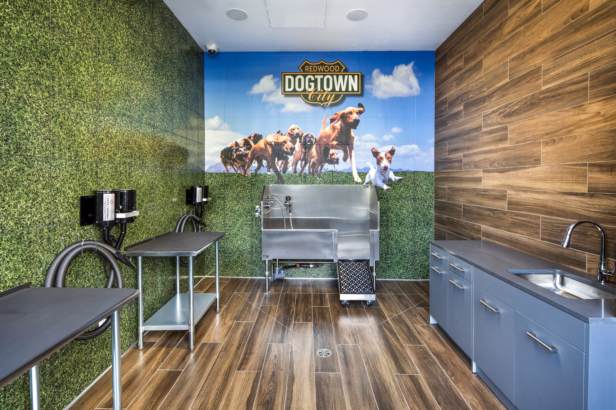 Dog wash station with tiled walls at Highwater Apartments