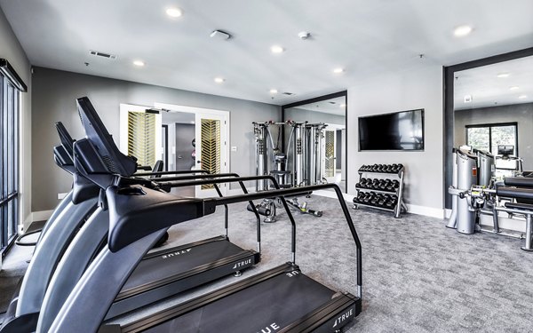 Fully-equipped fitness center at Overture River District Apartments featuring modern exercise machines and open workout spaces