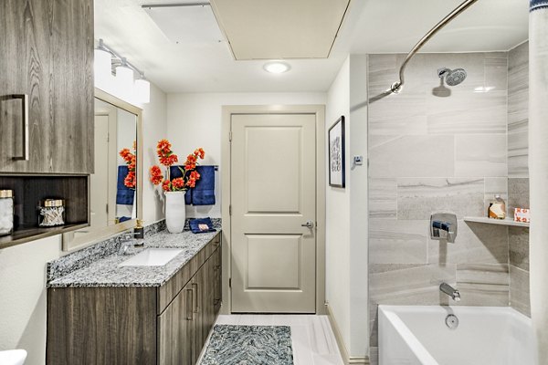 Elegant bathroom with modern fixtures at Domain Town Center Apartments, featuring porcelain tiles and spacious vanity