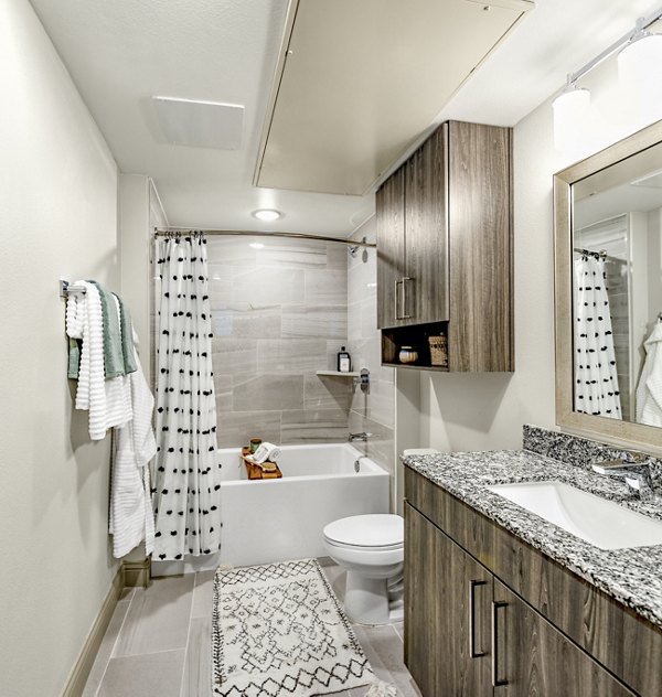 Modern bathroom featuring sleek fixtures and bright lighting at Domain Town Center Apartments