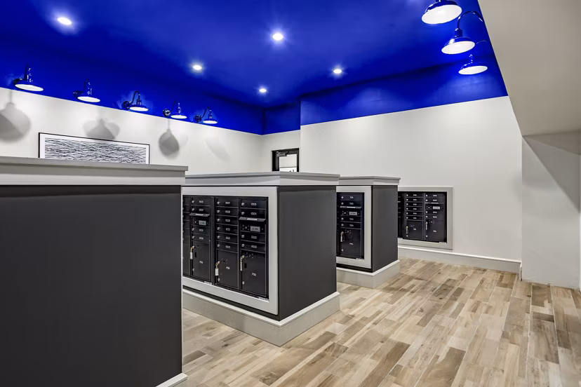 Mailroom with modern package lockers at Domain Town Center Apartments