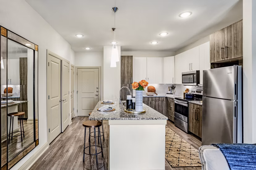 Modern kitchen with stainless steel appliances at Domain Town Center Apartments