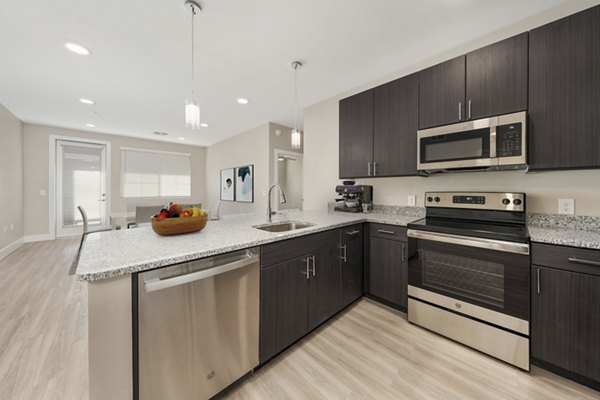 Modern kitchen with stainless steel appliances at Album Cooley Station Apartments