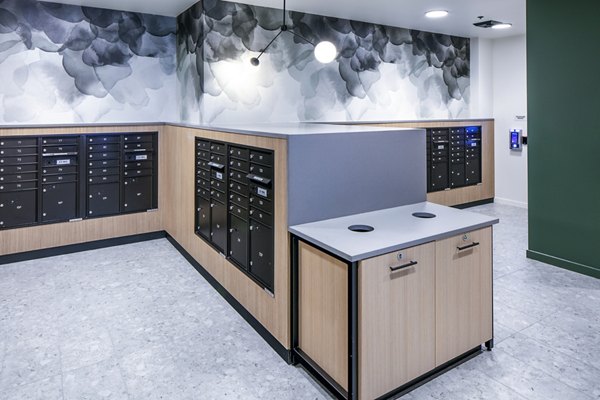 Mailroom with organized parcel lockers at Sawbuck Apartments