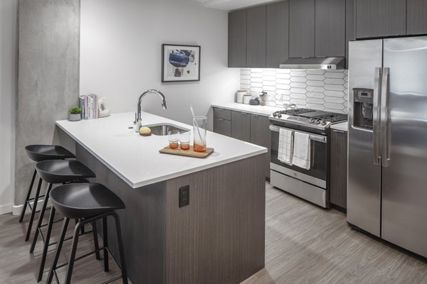 Modern kitchen with stainless steel appliances at Sawbuck Apartments