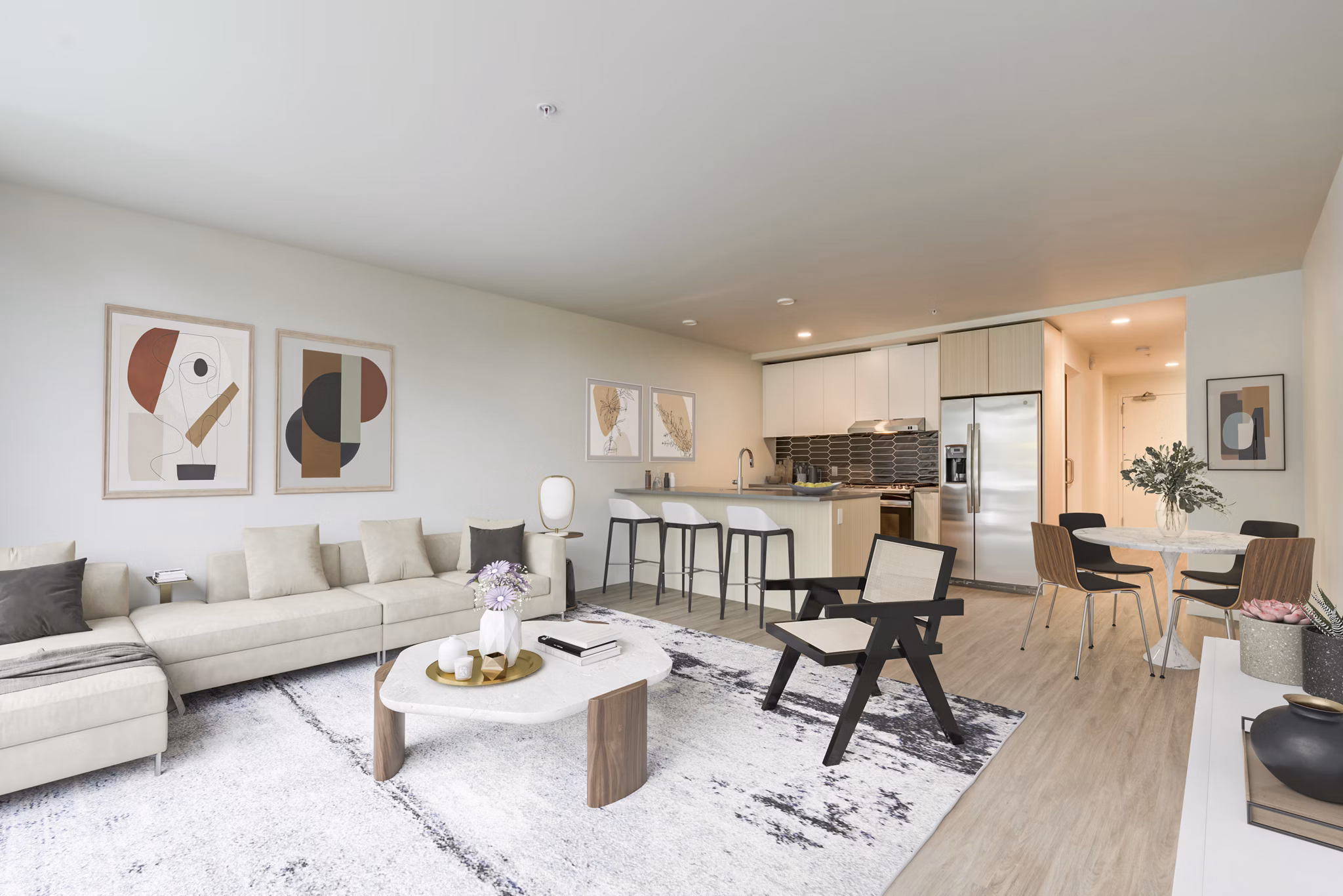 Comfortable living room with modern furnishings at Sawbuck Apartments