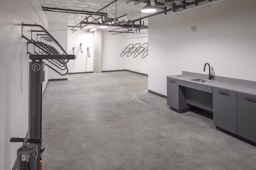 Bike storage room with secure racks at Sawbuck Apartments in a Greystar luxury community