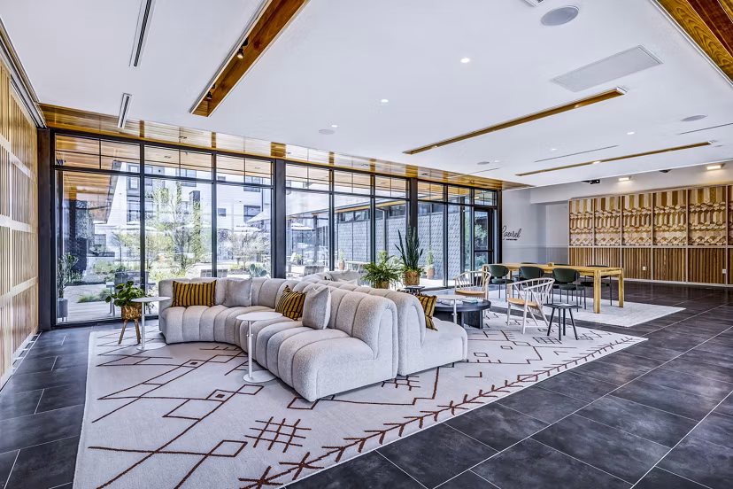 Clubhouse lobby offering elegant seating and modern decor at Laurel Apartment Homes