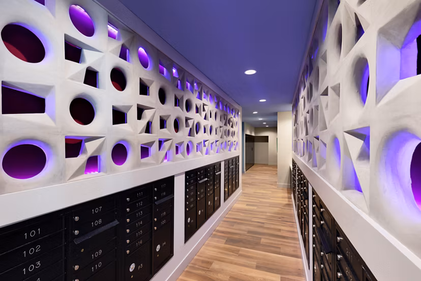 Mail room with secure parcel lockers at Mode Apartments for convenience and efficiency