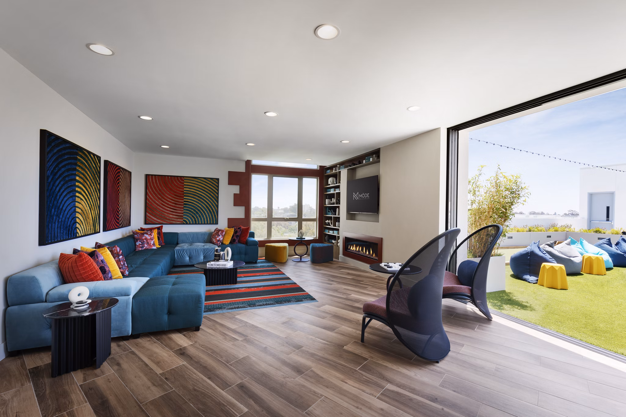 Modern clubhouse with sleek design at Mode Apartments, a Greystar luxury property in vibrant community setting
