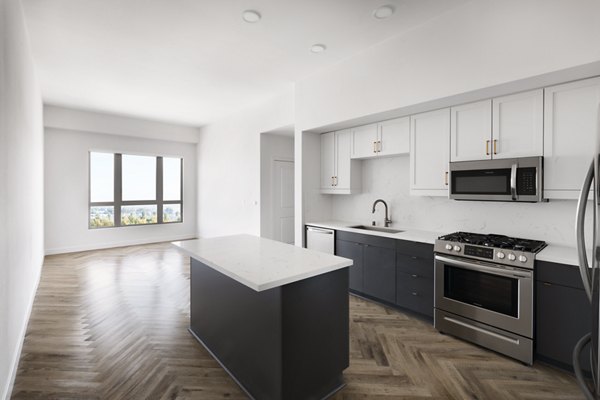 Modern kitchen with stainless steel appliances and granite countertops at Mode Apartments, luxury living