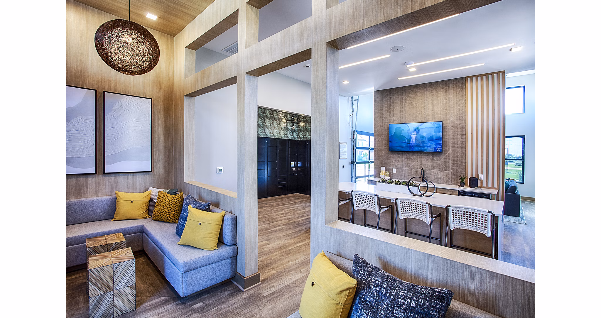 Spacious clubhouse lobby with modern decor at Ascend at Prairie Village Apartments, offering luxury living amenities and community spaces