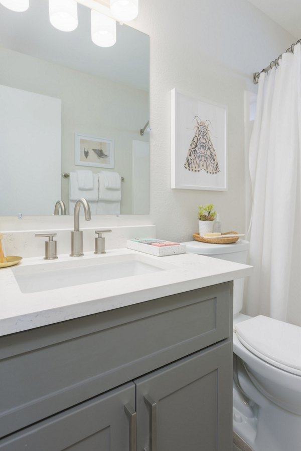 Modern bathroom with sleek fixtures at The Joshua Apartments, part of Greystar luxury apartments collection in urban settings, offering stylish living