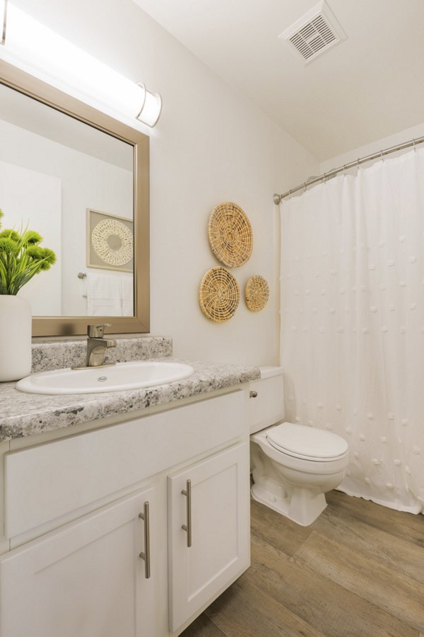 Bathroom with sleek fixtures and modern design at The Joshua Apartments, offering luxurious living spaces in Greystar's upscale community