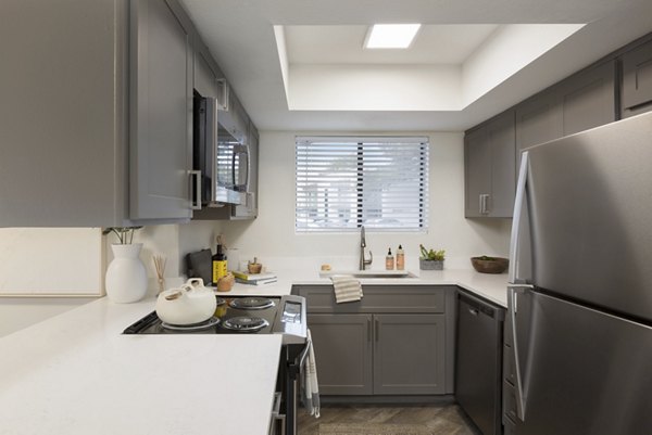 Contemporary kitchen featuring sleek countertops and stainless steel appliances at The Joshua Apartments