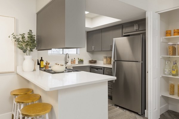 Modern kitchen with stainless steel appliances at The Joshua Apartments