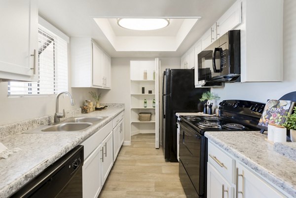 Modern kitchen with stainless steel appliances in The Joshua Apartments
