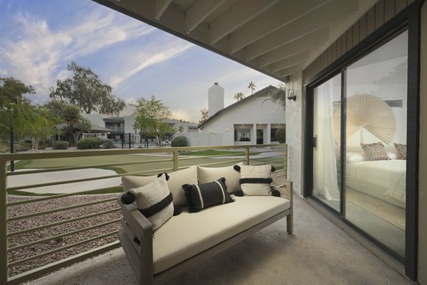 Patio with modern furnishings at The Joshua Apartments - luxury living spaces in a Greystar community