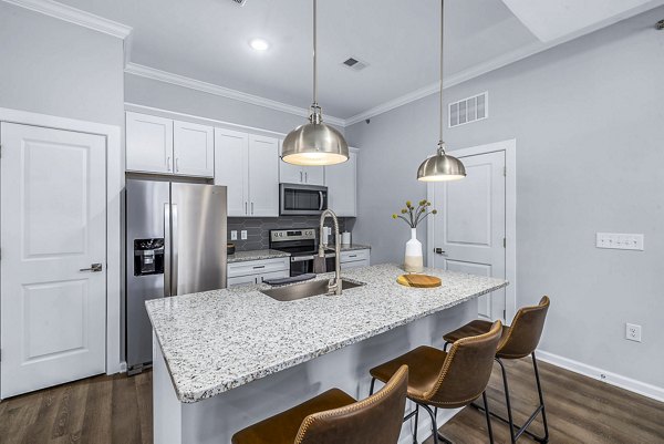 Modern kitchen with stainless steel appliances at Griffin Weston Apartments, luxury Greystar property