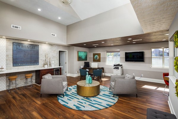 Trellis Apartments: Elegant clubhouse lobby featuring modern dÃ©cor and comfortable seating