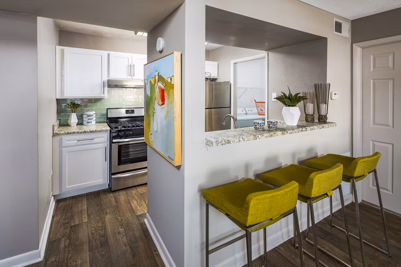 Kitchen featuring modern appliances and sleek countertops at Trellis Apartments luxury homes