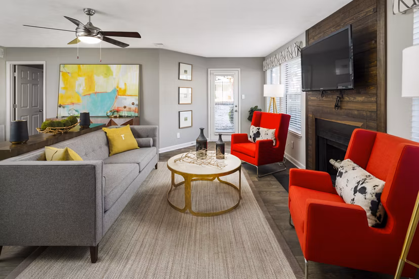 Inviting living room with modern furnishings at Trellis Apartments