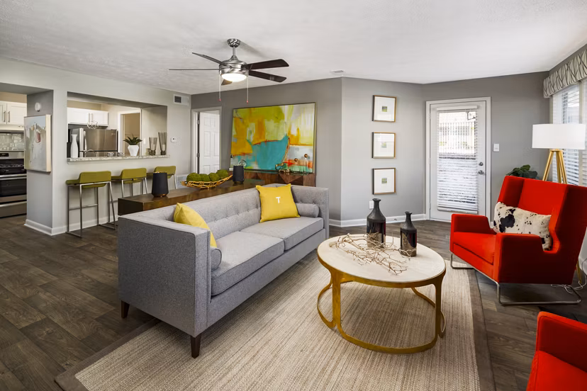 Modern living room with stylish decor at Trellis Apartments, showcasing luxury and comfort in a contemporary setting