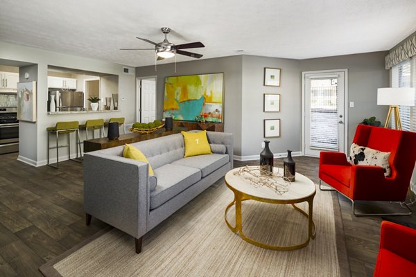 Modern living room with stylish decor at Trellis Apartments, showcasing luxury and comfort in a contemporary setting